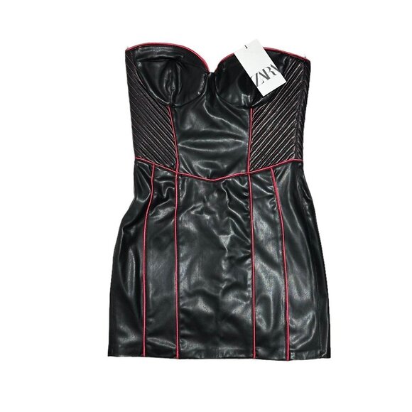 NEW Zara Women's FAUX LEATHER DRESS Black/Neon Pink - Picture 9 of 9